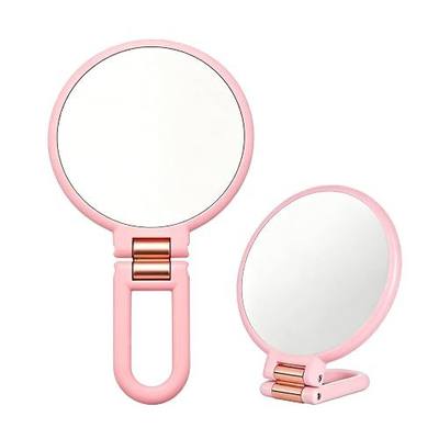 Travel Mirror with Magnifying Glass, Portable Double-Sided Folding Handheld Mirror, hangable, for Women's Detailed Makeup, Eyelash and Eyeliner Application, Suitable for Shaving and Grooming (Pink)