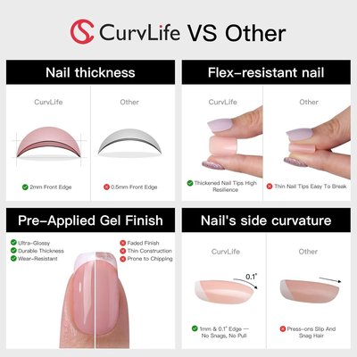 CurvLife Soft Gel Square Press-On Nails Medium, Reusable Fake Nails with Glue & Adhesive Tabs, 30PCS Salon-Quality Stick-On Nails for At-Home Manicure (Porcelain Glow)