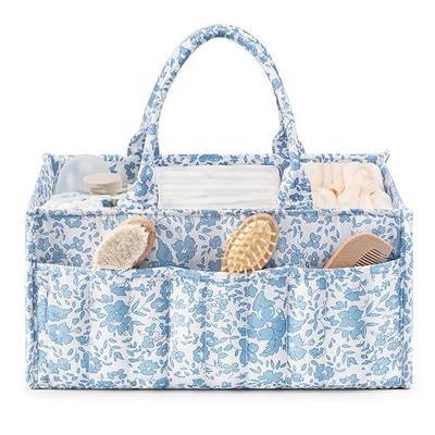 Quilted Diaper Caddy Organizer with Handle, Portable Nursery Storage Basket | Floral Car Caddy Organizer for Changing Table, Gifts for New Parents, Baby Shower, Newborn Essentials (Blue Flower)