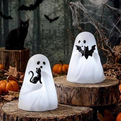 GenSwin Bat & Cat Ghost Halloween Ghost Flameless Candles with Timer | Battery Operated LED Candles, Real Wax, Halloween Decor, White, 2 Pack, 3.3" x 4.3"