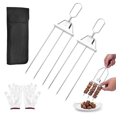 2PCS Skewers for Grilling, 14.7" Metal BBQ Skewers for Kabobs, Stainless Steel 3 Prong Skewers with Push-off Slider, for Chicken Beef Shrimp Veggie, Outdoor Grill Tool