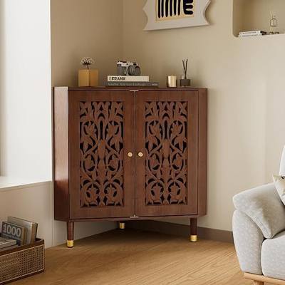 3More 2-Door Retro Accent Corner Cabinet, Hollow Carved Doors Storage Cabinet with Adjustable Shelf and Gold Aluminum Handles, Furniture for Living Room Dining Room Bathroom