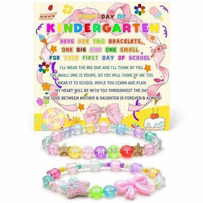First Day of Kindergarten School Mommy and Me Matching Bracelets Set for Mother Daughter, Back to School Beaded Bracelet Gift with Card & Gift Box for Preschool Pre-K