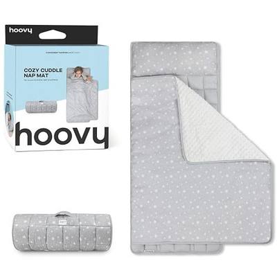 Hoovy Cozy Cuddle Nap Mat for Kids, Gray Star Pattern, Ultra-Soft Minky Fabric, 54x50 Inch, Machine Washable, Built-in Pillow, Portable with Carry Handle