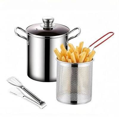 304 Stainless Steel Deep Fryer Pot, 3.2Qt, 6.5" Deep | with Basket, with Lid, Tong,for Fries, Chicken,Oden, Noodles & Asparagus. Dishwasher Safe, All Stovetop