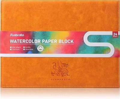 FLUNBRATO Watercolor Paper Block 9 x 12 Inch, 100% Cotton Cold Press Paper | 24 Acid-Free Sheets Faux Leather Cover Includes Block Opener Tool For Watercolor, Gouache,Ink & Mixed Media Artist Quality