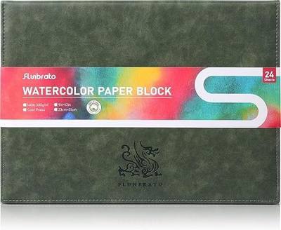 FLUNBRATO Watercolor Paper Block 9 x 12 Inch, 100% Cotton Cold Press Paper | 24 Acid-Free sheets Faux Leather Cover Includes Block Opener Tool For Watercolor, Gouache, Ink & Mixed Media Artist Quality