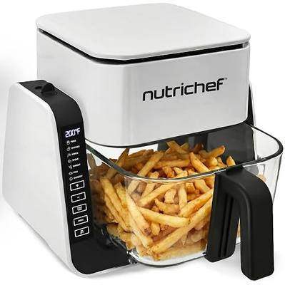 NutriChef 4 QT Air Fryer & Grill | 7-1 Preset Cook Modes | Transparent Fry Bowl for Best Cooking Results | Cook Shrimp, Steak, Fries, Wings & More | 4 QT Glass Air Fryer & 1.2 QT Grill | White