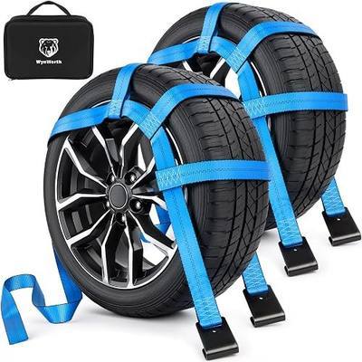 Tow Dolly Basket Straps with Flat Hook, Heavy Duty Tow Strap | 2 Pack Wheel Tie Down Strap, Universal Fit 14"-19" Wheels,10000 Lbs Break Strength,With Waterproof Carry Bag, Blue