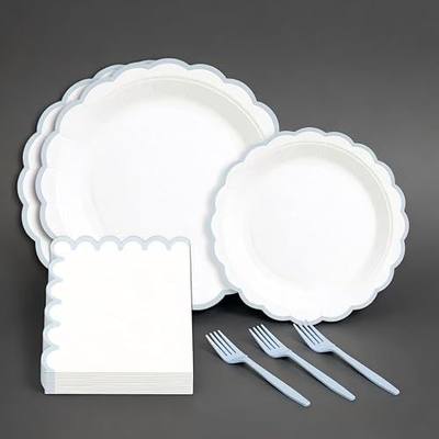 100 Pcs Scalloped Blue and White Paper Plates, Napkins & Forks | Serve 25 Guests, Compostable, Biodegradable, Disposable 7 & 9 inch Paper Plates, Party Supplies for Baby Shower, Holiday