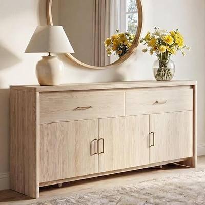 KISLOT 59" Sideboard Buffet Cabinet with Storage, Wood Kitchen Storage Cabinet with Adjustable Shelves & Drawers, Mid Century Modern Credenza for Kitchen, Living Room, Entryway (Natural Oak)