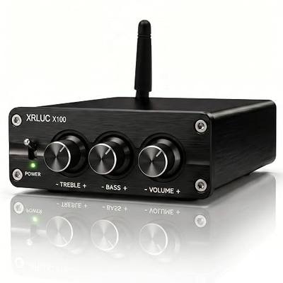 Max 200W Bluetooth Amplifier for Speakers, 2.0 Channel Home Mini Stereo Amp, Premium Full Aluminum CNC Body, with Bass Treble Control, Includes 24V 5A Adapter for Garage, Party, Living Room