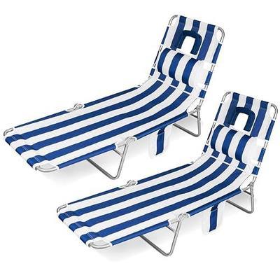 2PK Face-Down Tanning Beach Chair, Adjustable Folding Sunbathing Lounger with Arm Slots, Side Pocket, Lightweight Reclining Chair for Beach, Poolside, Lawn & Patio, Navy and White Stripe