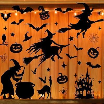 COCHIE Large Halloween Witch Window Clings 6 Sheets, Vintage Spooky J-O-Lantern Bat Cling Reusable Bats Window Decals Stickers for Home Black Party Decorations Supply - 2 Clings Form 1 Witch (Castle)
