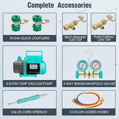 4.5CFM 1/3HP Vacuum Pump and 3-Way Brass AC Manifold Gauge Set for R134A R12 R22 R502, HVAC Refrigerant Service Kit with Quick Couplers, 410 Adapter, 4FT Hoses for Automotive AC Maintenance