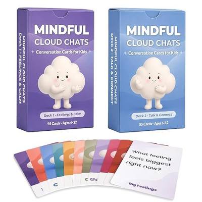 Mindful Cloud Chats Conversation Cards for Kids - 108 Feelings & Calm + Talk & Connect Mindfulness Cards - Family Talk Game, SEL Classroom Supplies, Therapeutic tools for Parents, Teachers, Counselors