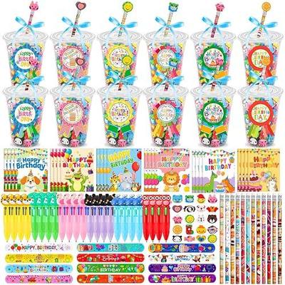 24 Set Classroom Birthday Gifts for Students Birthday Reusable Cups | Birthday Cup with Dome Lid Mini 4 in 1 Multicolor Pens Notebooks Pencils Slap Bracelets Return Gifts for Birthday Party Favor
