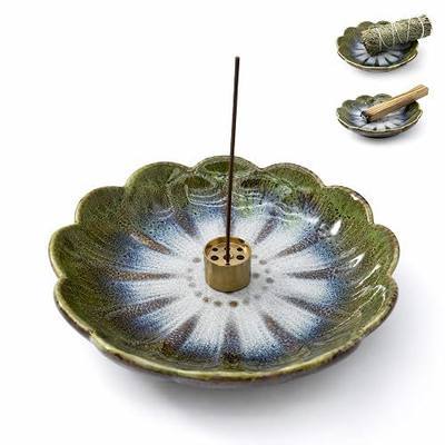 Pinehaven Ceramic Lotus Incense Holder – 5.5 Inch Hand-Sculpted Tray with Built-in Ash Catcher, Brass 9-Hole Insert for Sticks, Palo Santo, Sage & Cones – Japanese Zen Home Décor for Meditation