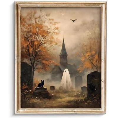 Vodefoad Vintage Cute Ghost Wall Art, Retro Moody Ghost And Black Cat Graveyard Canvas Wall Art, Eerie and Spooky Autumn Halloween Art for Kitchens, Nurseries, and Entryway Holiday Gift - 8x10Inch Unframe