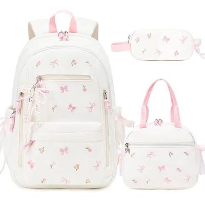 Backpack for Girls with Lunch Bag Pencil Case School Bookbag | 3PCS Embroidered Bow Girls Backpack Waterproof School Bookbag Kids Teens College Daypack, Beige with Floral Print
