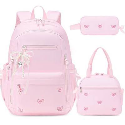 Backpack for Girls with Lunch Bag Pencil Case School Bookbag | 3PCS Embroidered Bow Girls Backpack Waterproof School Bookbag Kids Teens College Daypack
