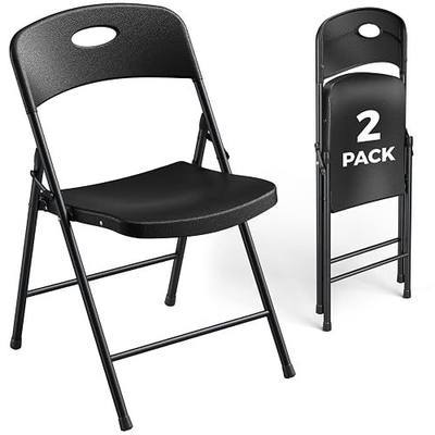 2 Pack Black Folding Chair, Plastic Portable Stackable Commercial Seats with Steel Frame 350lb, Heavy Duty Foldable Chair for Indoor and Outdoor, Patio, Office, Picnic, Kitchen, Events