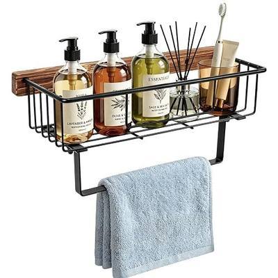 Livabber Hand Towel Holder with Wooden Storage Basket, 9 Inch Rustic Metal Towel Ring/Hand Towel Bar with Shelf, Wall Mounted Farmhouse Bathroom Organizer for Small Decor, Plant (Black)