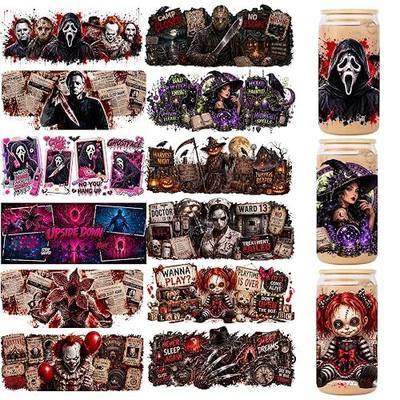 12 Sheets UV DTF Cup Wraps Sticker Halloween Scary Movie Rub on Transfers | Scary Movie Characters for 16 oz Glass, Waterproof, for DIY Crafts Decals