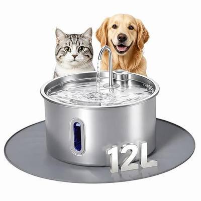 Stainless Steel Dog Water Fountain,12L/3.17Gal Large Capacity | Visible Water Window Window LED Alert Anti-Splash Feeding Mat for Multi-Pet Homes