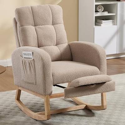 Nursery Rocking Chair, Teddy Boucle Upholstered Glider Rocker with Adjustable Footrest, High Back Rocker with Side Pockets, Comfy Accent Reading Chair for Living Room (Brown)