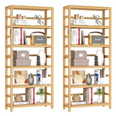 VASMIA 6-Tier Bamboo Shelf Set of 2,Bamboo Storage Shelving Unit,Tall Bookcase with Adjustable Shelves,Multipurpose Storage Display Shelf for Bathroom, Living Room, Balcony, Kitchen,Natural