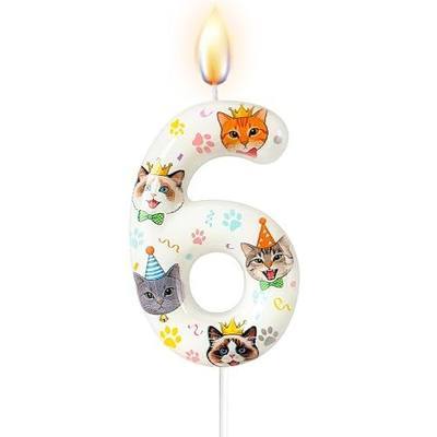 Party Cat Number Candle, Pet Themed Birthday Number Candle, Paw Print Cake Topper, Decorative Cake Decoration for Cat Lover Celebrations, Themed Gatherings & Casual Events (6)
