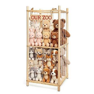 Fuilee Stuffed Animal Storage Zoo, Natural Pine Wood, Medium | Plush Toy Organizer Rack, Large Capacity Elastic Toy Holder, Round Corner, Easy Assembly, For Bedroom Playroom Nursery