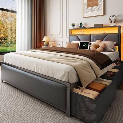 OURPIC Full Size Bed Frame with Storage Headboard, 6 Drawers, LED&Charging | 2-Tier PU Leather Upholstered Headboard, Charging Station&RGB Lights, No Box Spring Needed, easy assembly, Noise-Free,Black