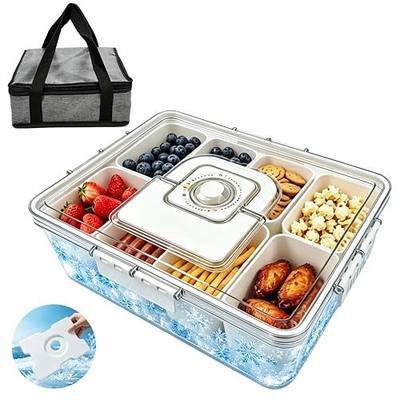 Chilled Snack Box with Reusable Ice Pack, Bonus Insulated Bag, 8 Compartment Food Storage Container for Fruits, Snacks & Charcuterie – Perfect for Outdoor, Camping & Road Trips