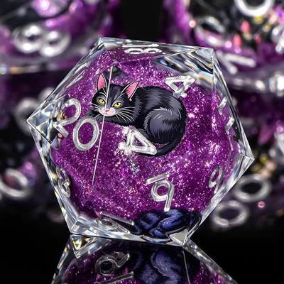 Cat DND Dice Set D&D for Dungeons and Dragons, 7Pcs Purple Liquid Core Dice | Easy-to-read numbers; Balanced weight for fair rolls; Transparent sharp-edge resin; For Role Playing Games; With Gift Box