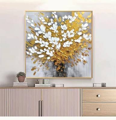 Large 3D Textured Framed Floral Wall Art for Hallway, Hand-Painted Tree of Life Oil Painting for Living Room, Modern White Flower Gold Leaves Wall Decor for Office Bedroom Kitchen Home Decor 40x40 Inches