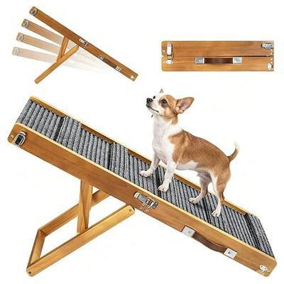 Pawaboo Dog Ramp, Foldable Small Dog Ramp for Couch Sofa Stairs, 4 Adjustable Height from 13'' to 21", Pet Ramps with Non-Slip Pad, Walnut