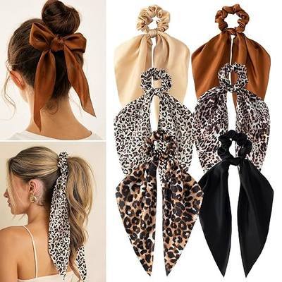 6Pcs Large Satin Bow Scrunchies, Leopard Print Hair Ties for Women | Smooth satin prevents hair snags. Proper bow avoids tangling. Sturdy elastic holds ponytails; neutral shades for all styling