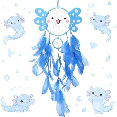 Geelin Axolotl Dreamcatcher Wall Decor Cute Animal Wall Hanging Dreamcatcher with Feather Blue Axolotl Birthday Party Handmade Gifts for Boys Room Bedroom DIY Decor