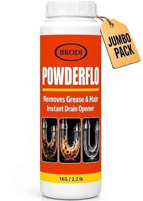 PowderFlo Drain Cleaner Powder, Quickly Dissolves Grease, Hair, Oil & Soap Clog, Fumeless, Drain Opener for Kitchen Sink, Shower, Tub & Floor Lines, Commercial Grade, Large 2.2 lb