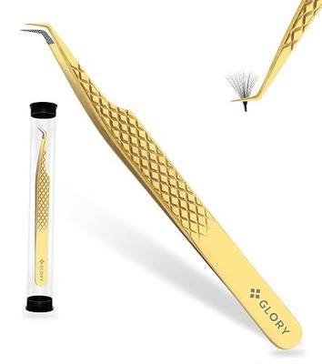 Glory Professional 45 Degree Angle Lash Tweezers for Eyelash Extensions, Precision Fiber Tip Diamond Grip Stainless Steel Lash Tool for Classic, Volume & Mega Volume (Black 13CM 45 Degree)