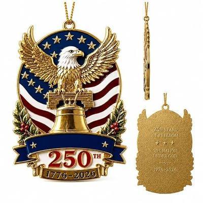 250th Anniversary Christmas Ornament 1776-2026, 3D Zinc Alloy Patriotic Eagle Hanging Ornament, America 250 Years Commemorative Christmas Tree Decor, Metal Keepsake Gift for Christmas (Gold)
