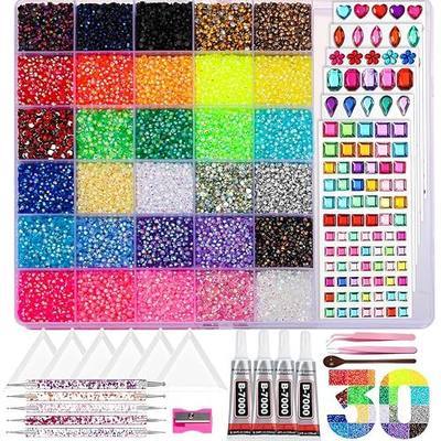 36000Pcs Resin Jelly Rhinestones for Bedazzling Kit, 30 Grids Rhinestone with Tool & Adhesive Multi-Shaped Rhinestones, 3mm AB Flatback Gems with Rhinestone Glue for Bedazzled Art DIY Crafting