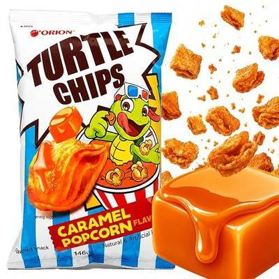 Korean Food Turtle Chips Caramel Popcorn Flavor, 4-Layer Corn Snack, 160g | Sweet and crunchy four-layer corn chips with rich caramel popcorn flavor