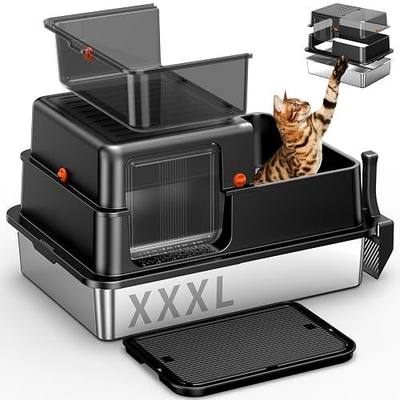 XXXL Stainless Steel Cat Litter Box with Lid – 28.3"×20.2"×17.3" Enclosed High-Sided Cat Litter Box, Non-Stick Rustproof Pan & Leak-Proof Base, for Large & Multi-Cat Homes, Footboard & Scoop (Black)