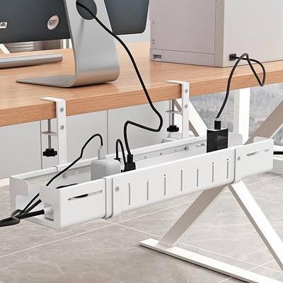 Under Desk Cable Management Tray, Expandable Length 25.2"-38.6",No Drill No Damage to Desk,Cable Tray with Clamp for with Wire Management,for Cord Organizer for Home Office Standing Desk, White