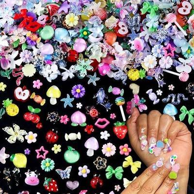 500Pcs 3D Kawaii Nail Charms Y2k Cute Nail Art Charms Resin Candy Fruit Flower Bow Star