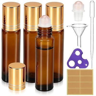 4 pack 10ml Rose Quartz Roller Bottle, Travel Amber Glass Roller Bottles for Body oils, Roller Ball Applicator for Essential Oils, Refillable Organic Castor Oil Roll on Bottles