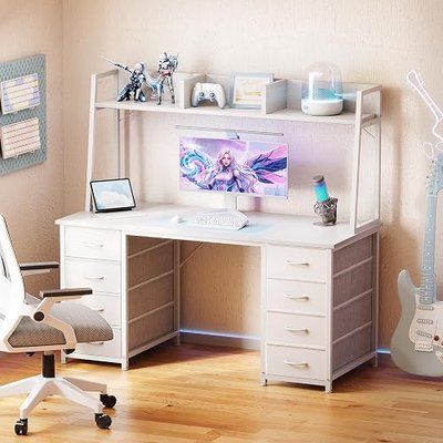 AODK 48 Inch Computer Desk with Hutch and 8 Fabric Drawers, Space-Saving Study Writing Table with Ample Storage for Dorm, Bedroom, Home Office, White